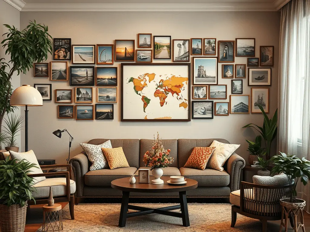 Sala de estar elegante para casa para pessoas maduras com sofá, mesa central, plantas e galeria de fotos