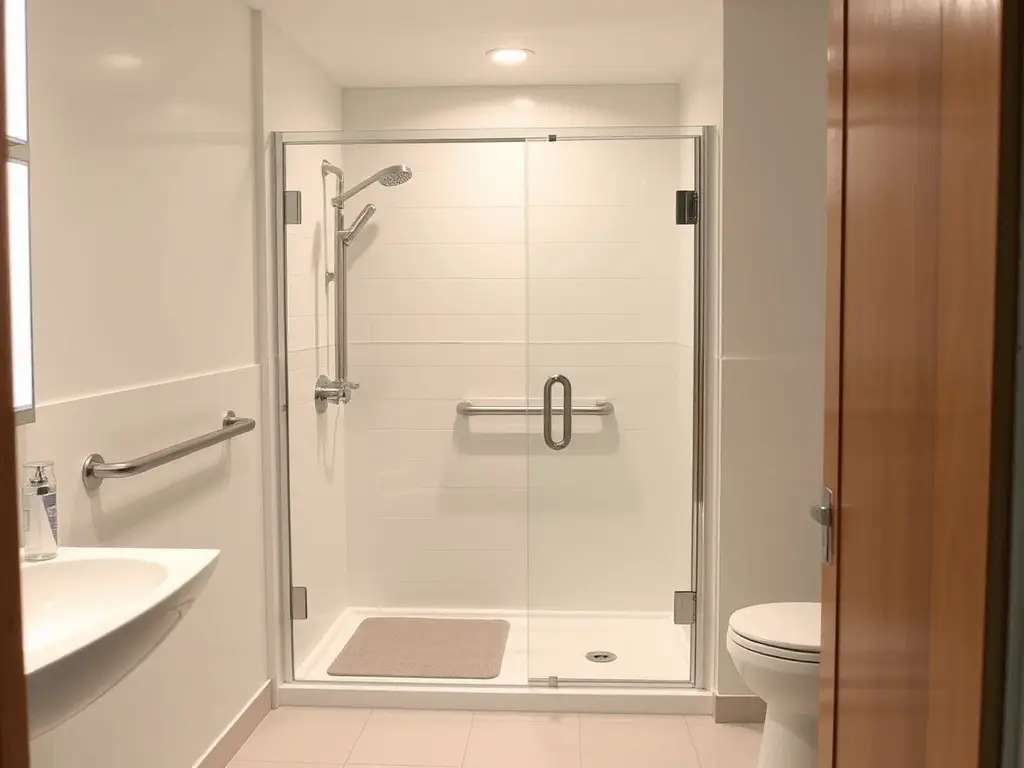 Banheiro adaptado com barra de apoio e chuveiro acessível para segurança numa casa para pessoas maduras