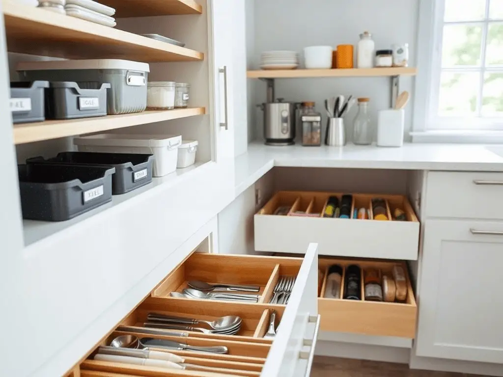 Cozinha organizada com prateleiras e gavetas bem arrumadas para fácil acesso numa casa para pessoas maduras