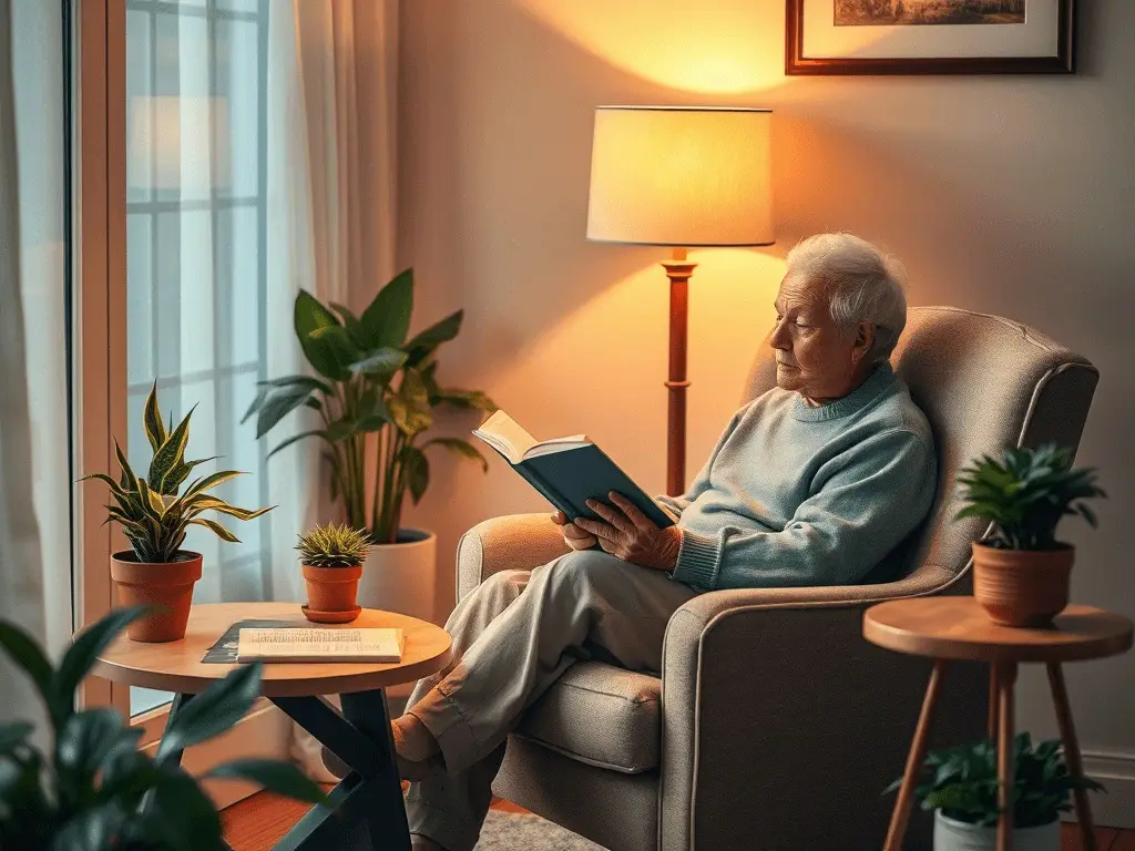 Homem maduro relaxando em poltrona, lendo livro sob luz de abajur em casa para pessoas maduras