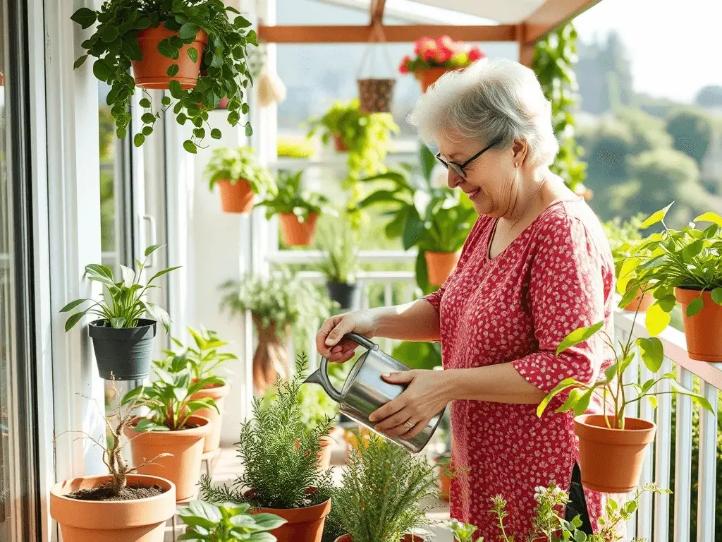 Mulher regando plantas em varanda bem-iluminada em casa para pessoas maduras