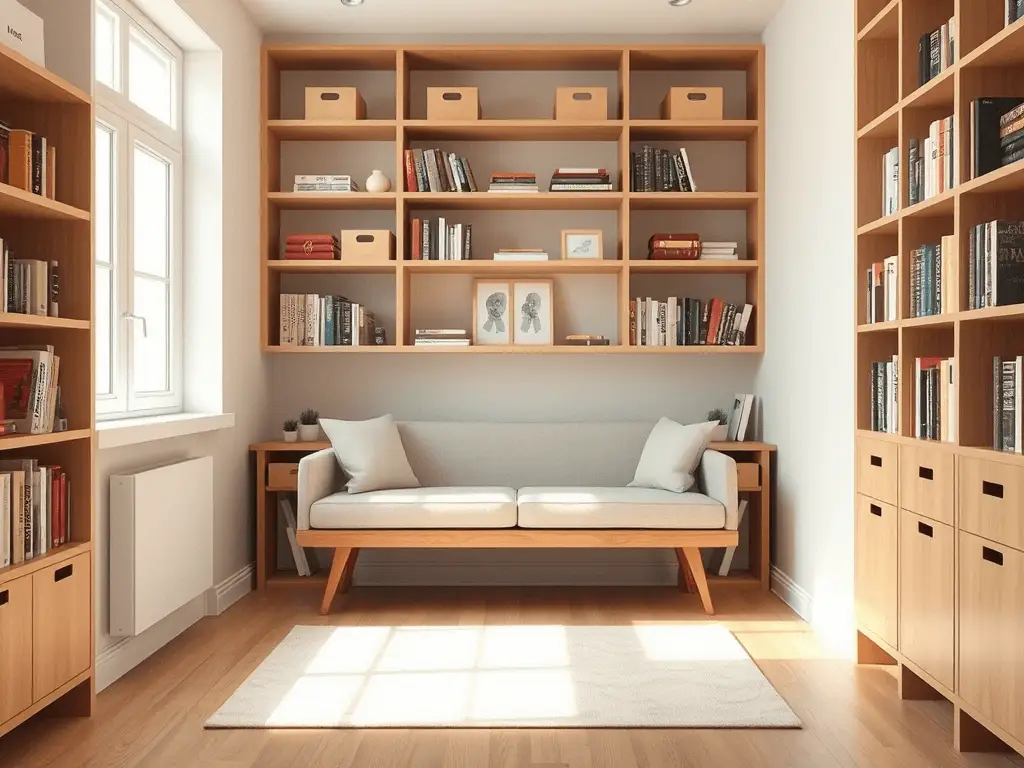 Sala bem iluminada com estantes abertas, caixas organizadoras rotuladas e banco multifuncional em casa para pessoas maduras