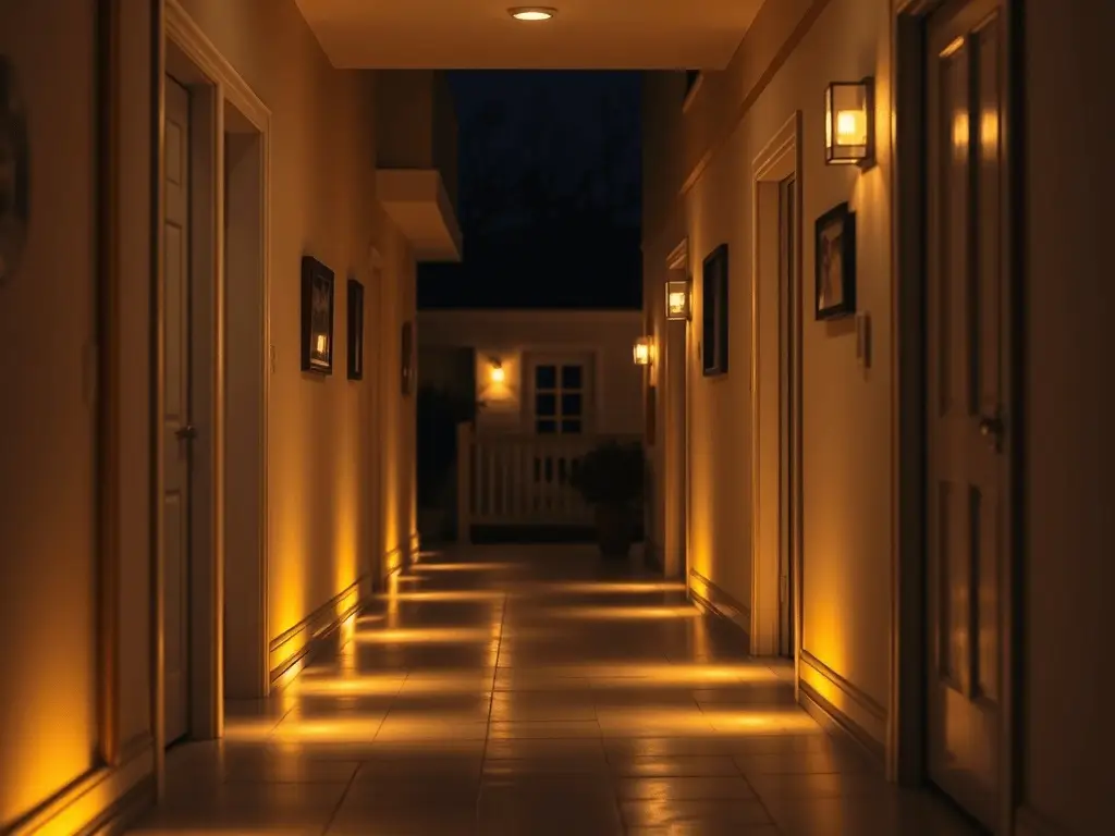 Casa para pessoas maduras com corredor iluminado para prevenir quedas