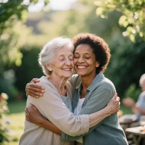 Duas mulheres maduras sorrindo e se abraçando após reencontro, simbolizando vínculos afetivos na maturidade