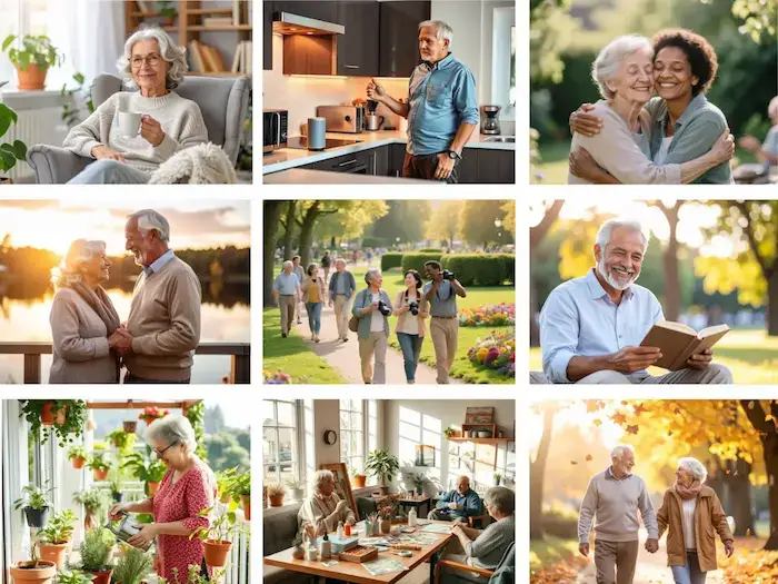 Colagem de pessoas maduras em atividades do dia a dia, representando os temas do blog Estilo Maduro.