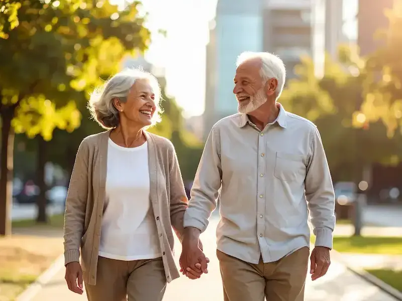 Casal maduro caminhando de mãos dadas em um parque urbano, sorridente e feliz.